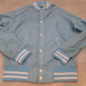 VTG 90s Chalk Line Satin Bomber Jacket M Blue Stripe Varsity Made in USA Unlined